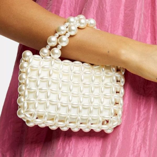 

hand woven bag handmade beaded bracelet-style string beads bag new style women's beige pearl inlaid mini shoulder tote