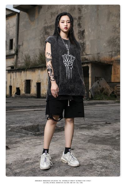 

женская одежда | лето 2020 high street азиатской кошка среднего пальца череп жилет плечо мешковатого жилет мода мужчин и женщин, White