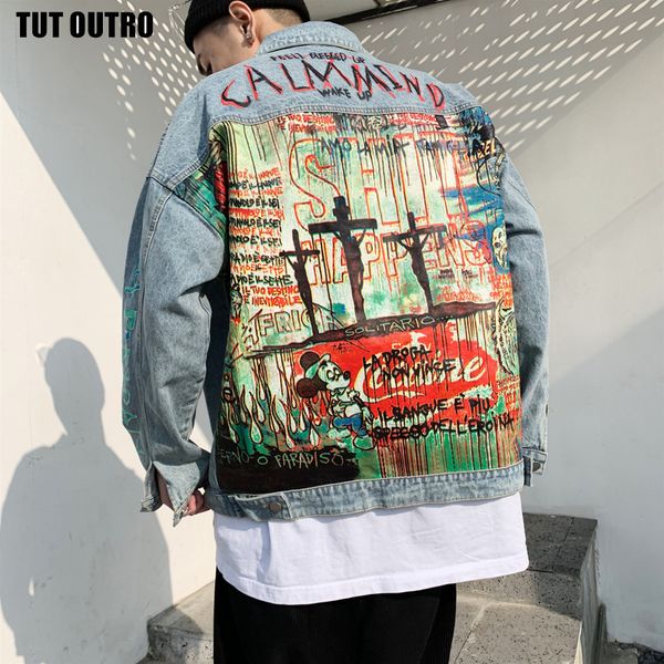 

devil hand painted printing men denim jacket cartoon graffiti print loose coats vintage hip hop leisure outerwear, Black;brown