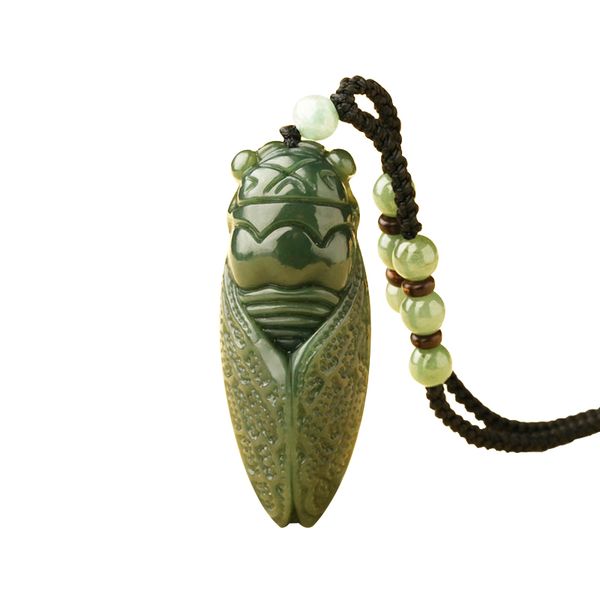 

handwork natural dark green hetian jade carved cicada lucky amulet pendant fine jewelry, Silver