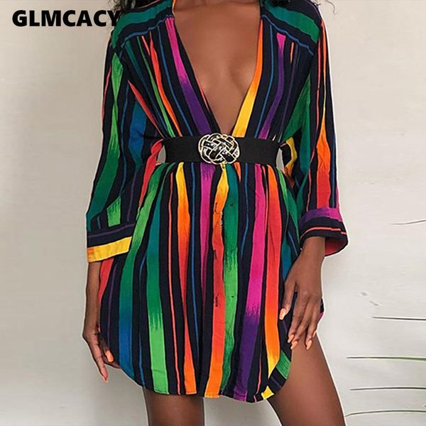 

women casual color block rainbow turn down collar striped tropical night club holiday beach fashion shirt dresses, Black;gray
