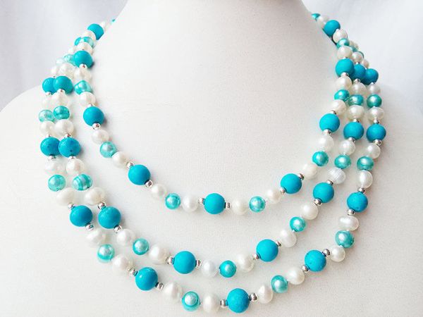 

3 strands white freshwater pearl round jadeite howlite rose quarz necklace, Silver