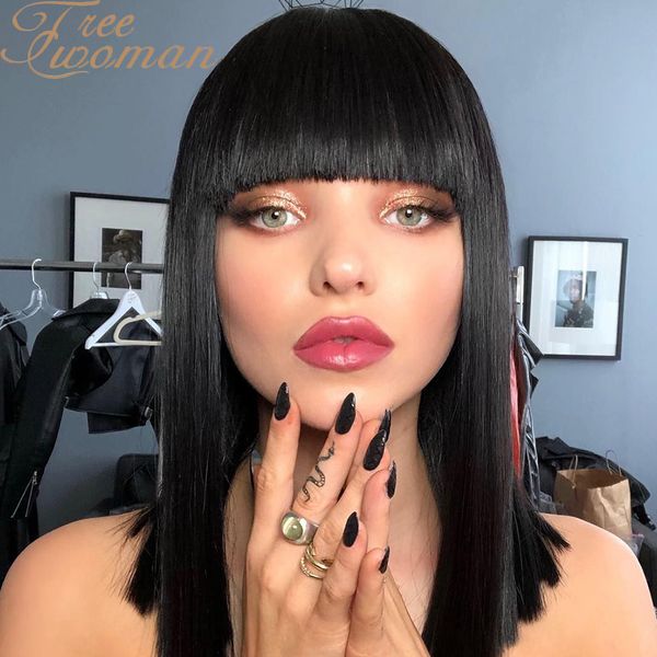 

oman natural black straight synthetic wig with bangs for women medium length ombre blue purple wigs heat resistant hair