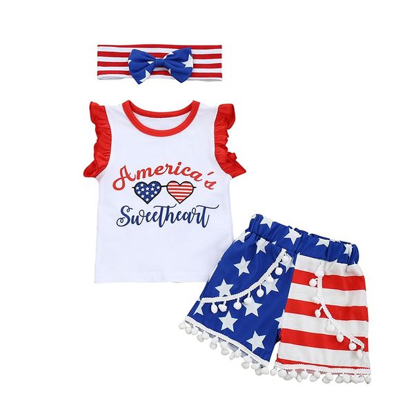 

день малышей новорожденных baby girl одежда independence письмо ромпер + hairball короткие брюки + повязка 3шт summer outfit set1, White