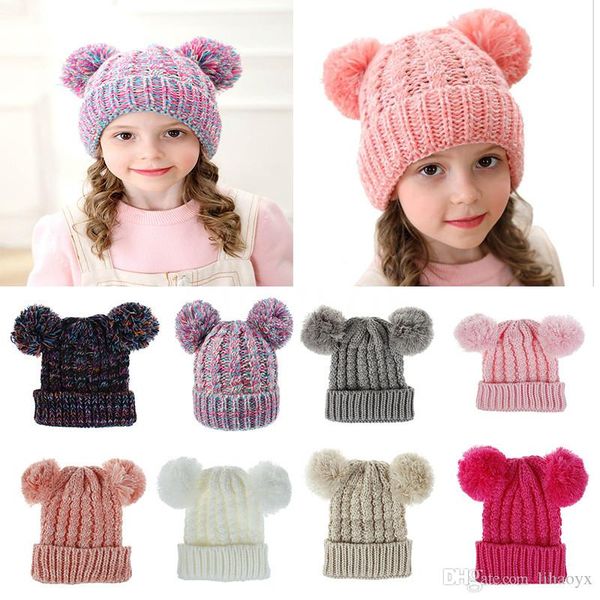 

kid вязать крючком шапочки hat девушки soft double balls winter warm hat 12 цветов открытый младенца pompom ski capsjxw318, Blue;gray