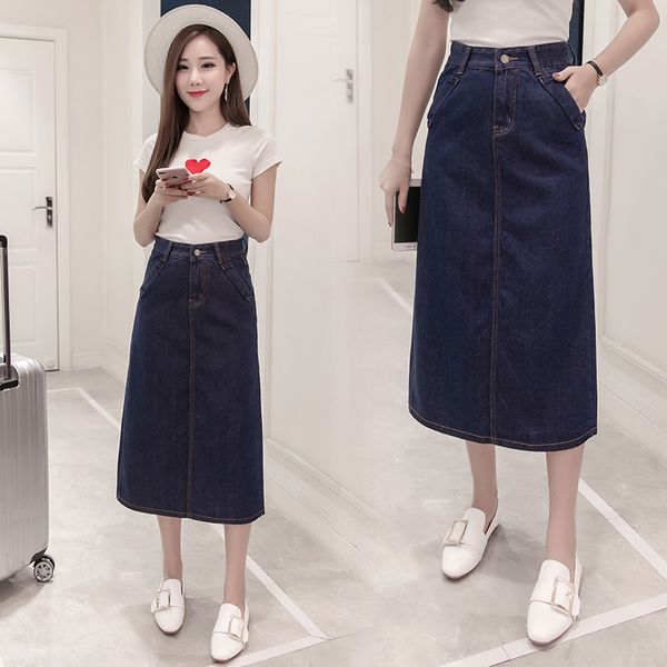 

large size s-5xl medium length denim skirt women 2019 summer slim was thin new simple comfortable half-length skirt denim, Black