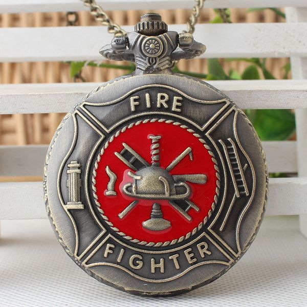 

red fire fighter pocket watch vintage bronze steampunk firefighter quartz watches men women pendant gift necklace tpb189, Slivery;golden
