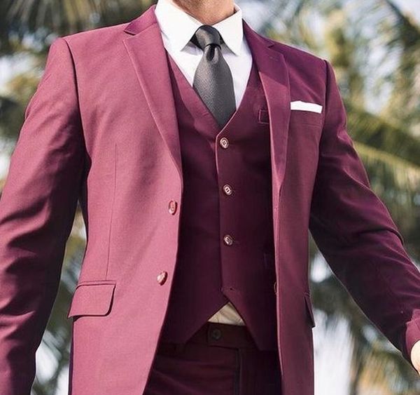 

2019 burgundy wedding men suits notched lapel casual style blazer three piece jacket pants vest tailored made male suit, White;black