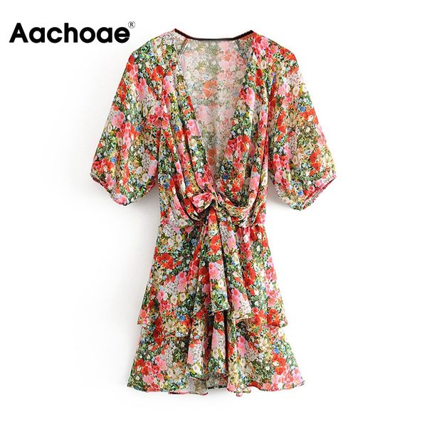 

women floral print bohemian mini dresses summer v neck holiday beach dress short sleeve elegant cascading ruffle dress vestidos, Black;gray
