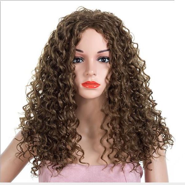

2019 selling factory customized african 23 inch brown black color long fluffy curly synthetic wigs for ladies