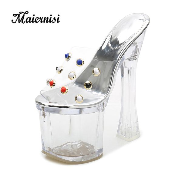 

maiernisi women's shoes women stilettos high heel clear crystal female sandals all-match heels slippers waterproof platform, Black