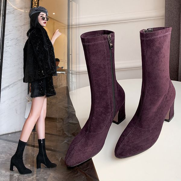 

women boots fashion genuine leather suede ankle boots square high heel autumn woman pinted toe zipper winter plush ladies, Black