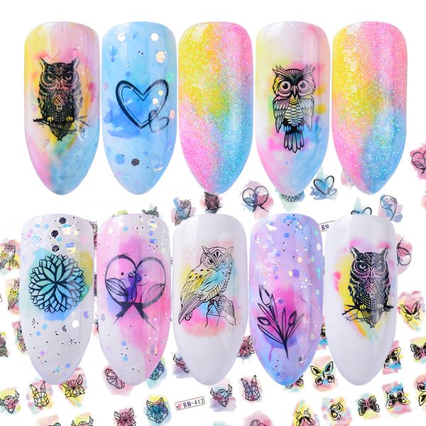 

12 designs watercolor decals nail art sticker slider diy gradient charms colorful manicure nail art water sticker trbn409-444, Black