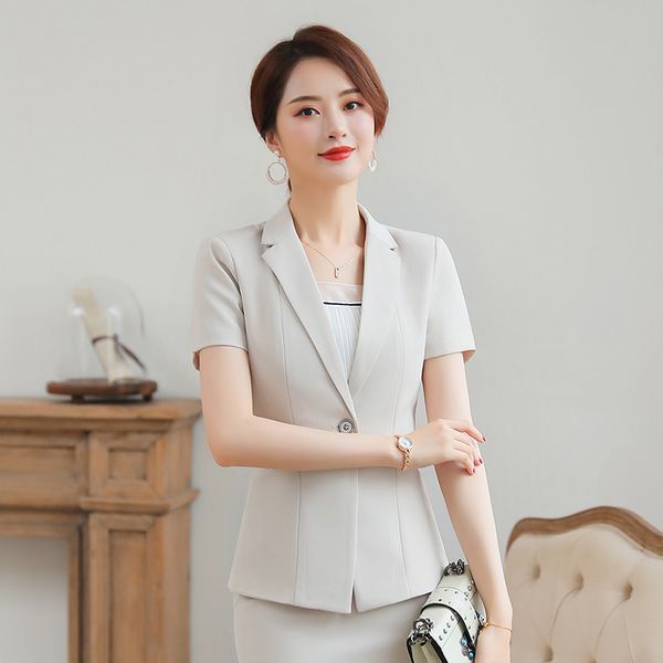 

summer women girl blazer office lady short sleeve suit set work wear female formal outwear (jacket + skirt) apricot / black, White;black