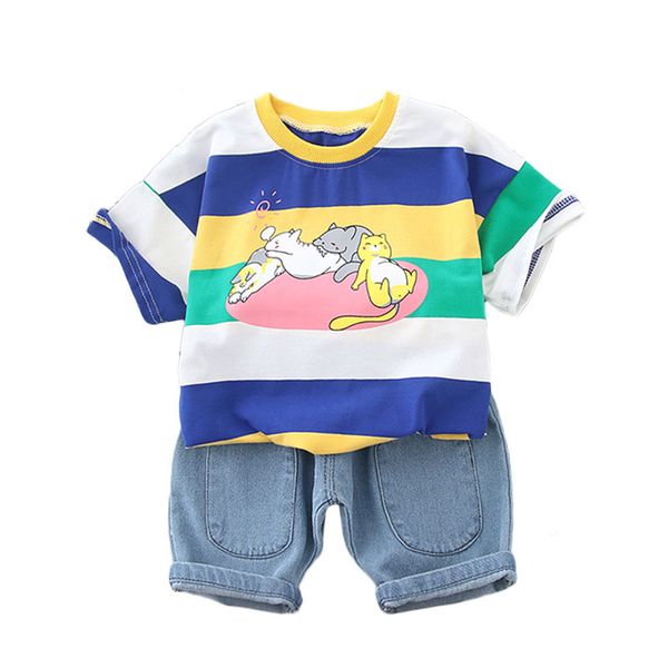 

summer baby cartoon clothes boys girls color striped t shirt shorts 2pcs/sets infant cotton garment children casual sport suits, White
