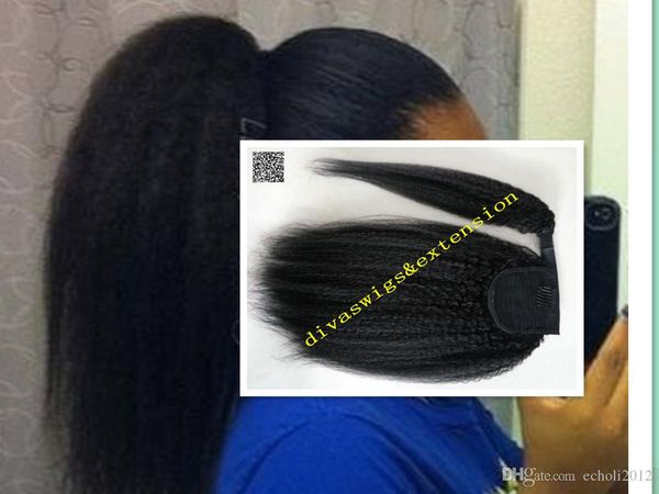 

african american afro kinky straight drawstring ponytail clip in wrap around coarse yaki pony tail brazilian hairpieces, Black