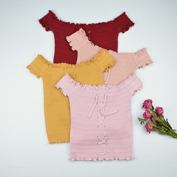 

lacing ruched off shoulder crochet bustier bralette crop women summer female slim fitness short tank waistcoat, White