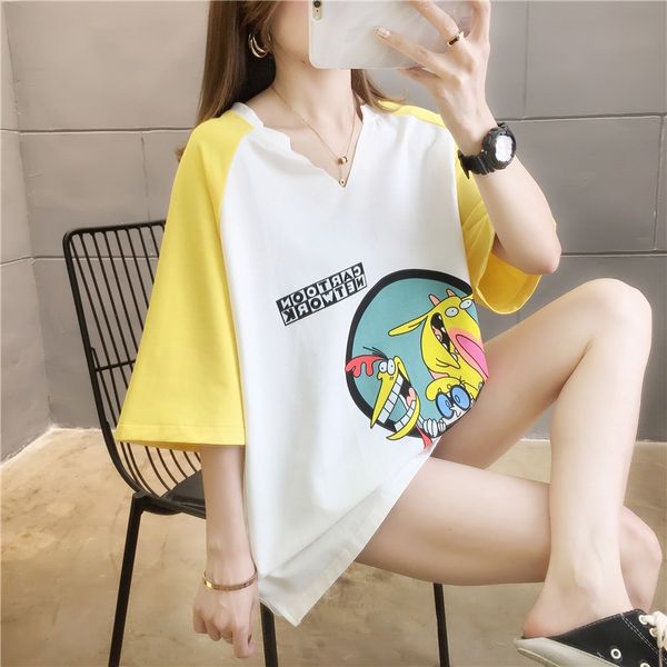 

v-neck short-sleeved female 2020 design sense niche loose large size t-shirt t-shirt women's sleeves clothes, White