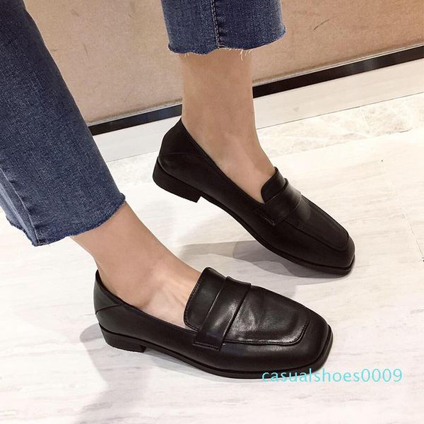 

woman loafer slip on moccasin square toe low chunky stacked heels dual use mules sliders slipper work shoes office formal winter c09, Black