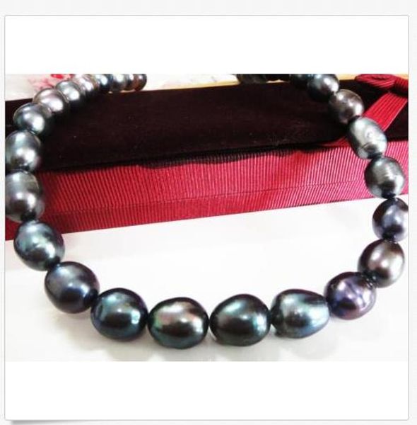 

18"12-13mm natural tahitian black green baroque pearl necklace, Silver