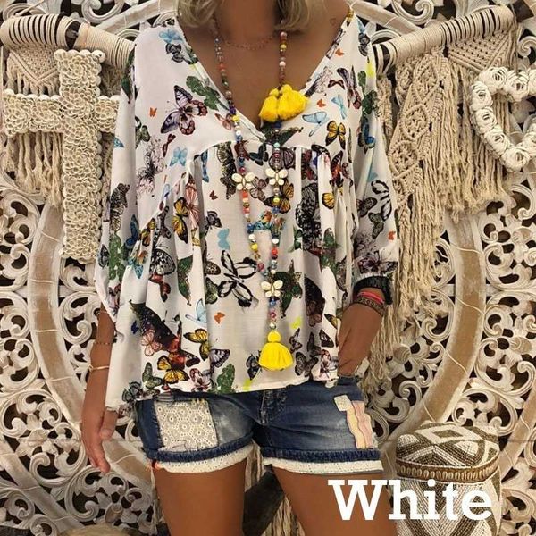 

new v-neck chiffon shirt women long sleeve tunic floral tee shirt femme casual loose clothes camiseta feminina, White
