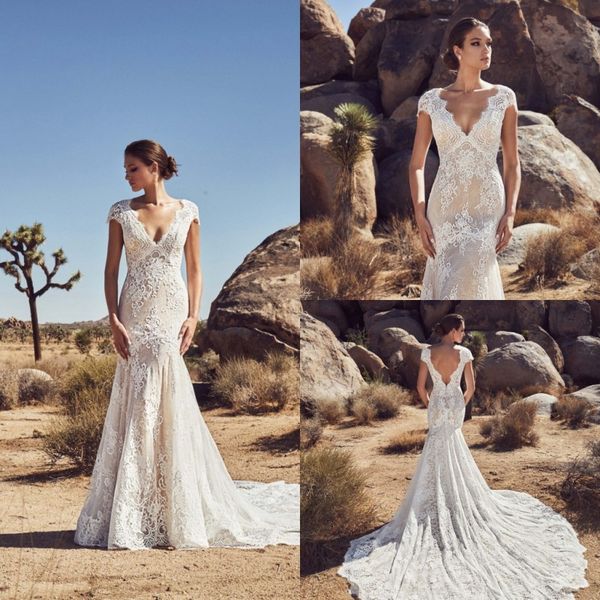 

calla blanche 2019 mermaid wedding dresses cap sleeve v neck full lace garden bridal gown country style bohemian vestido de novia, White
