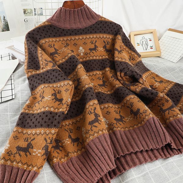 

mooirue winter 2019 women korean style sweater turtleneck vintage deer print casual streetwear lazy loose knitting pullover, White;black