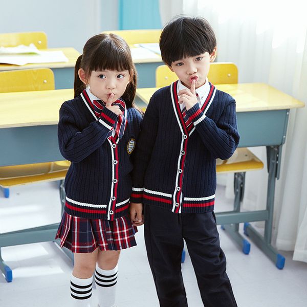 

blue children's school uniforms clothing sets boys and girls british college style kindergarten class clothes kids blazer pants, White