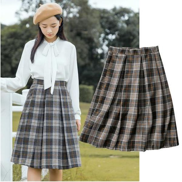 

women plaid a-line skirt all match preppy style jupe vintage skirts empire knee-length loose saias feminimas 2020 lj214, Black