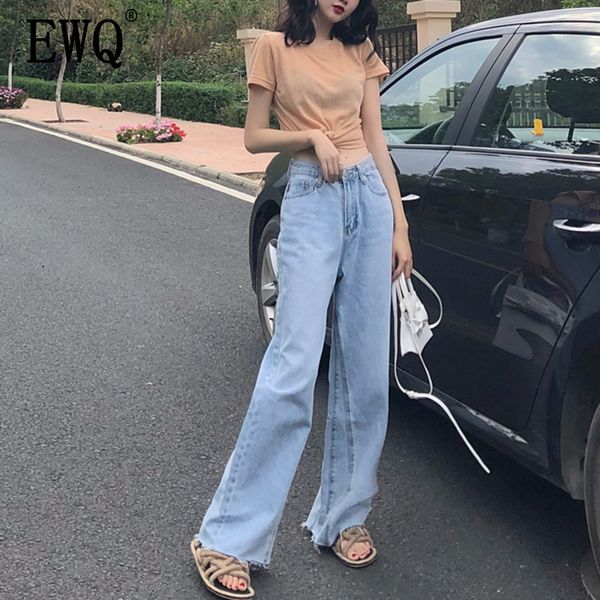 

ewq] 2019 summer new straight high waist vintage washed jeans loose casual girl clothing trend women full length pants qh440, Blue