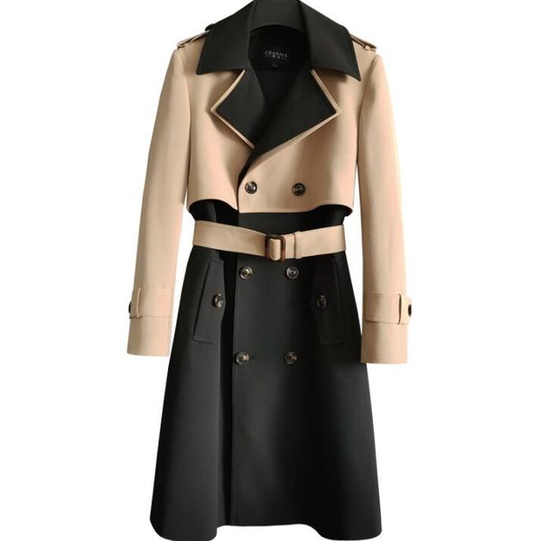 

mens trench coats man mid-length coat men fake two pieces clothes colorblock double breasted overcoat long sleeve spring autumn, Tan;black