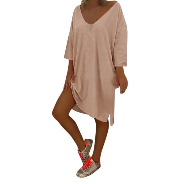 

jaycosin 5xl women size plus dresses ladies polyester large v-neck solid color hem slit female casual summer dress big size, White;black