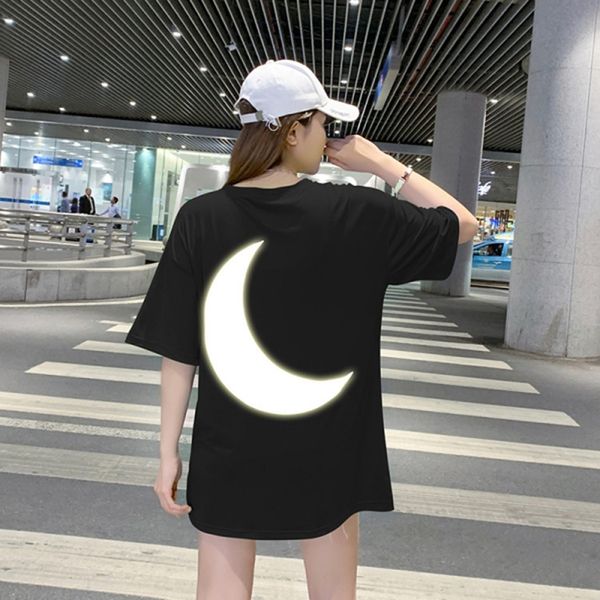 

summer luminous short-sleeved reflective moon casual loose medium-long large style couple half-sleeve t-shirt t-shirt fashion, White