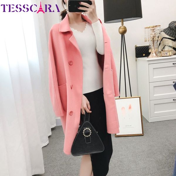 

tesscara women autumn winter elegant pink cashmere jacket coat female wool blend basic jackets designer trench outerwear & coats, Black
