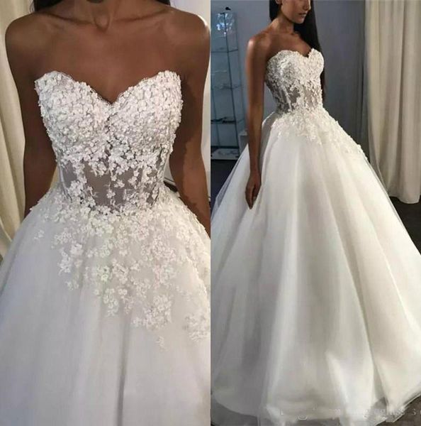 

2019 Sexy Sweetheart A Line Wedding Dresses Corset Back Sweep Train 3D Lace Seaside Wedding Bridal Gowns Beach robes de mariée Custom Made