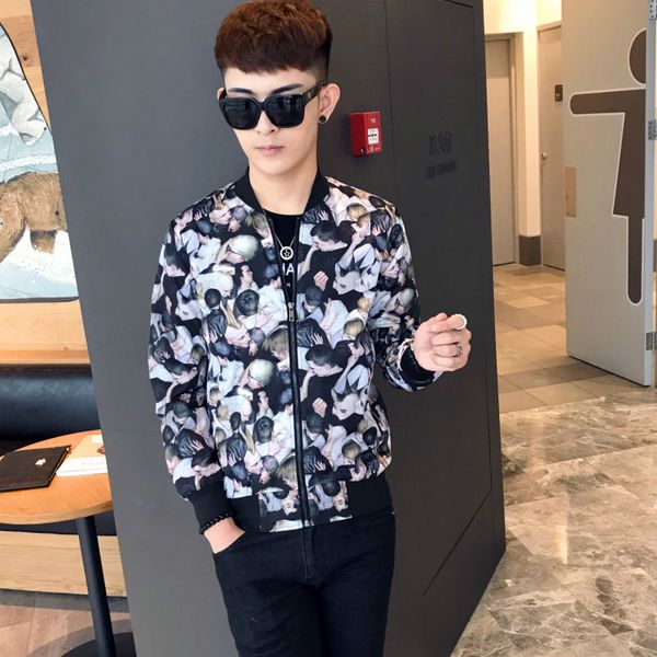 

toturn autumn men casual baseball jacket slim fit male social spirit jacket character pattern design streetwear coat, Black;brown