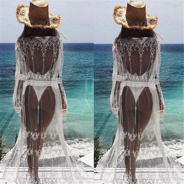 

2020 crochet white beach cover up dress lace tunic long pareos cardigan bikinis cover ups swim up robe plage beachwear