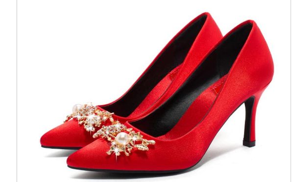 

2019 women's shoes in spring and autumn with new style high heel fine heel pointed end silk and satin shoes heel 1.5cm,5.5cm ,8cm@3064, Black