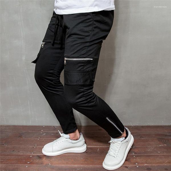 

color pants loose zipper pockets casual trousers eastic outer fashion street style mens apparel mens designer solid, Black