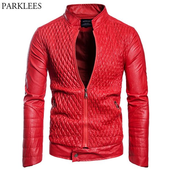

men's diamond plaid leather jacket 2018 brand mandarin collar moto biker faux leather jacket outwear men casual red black