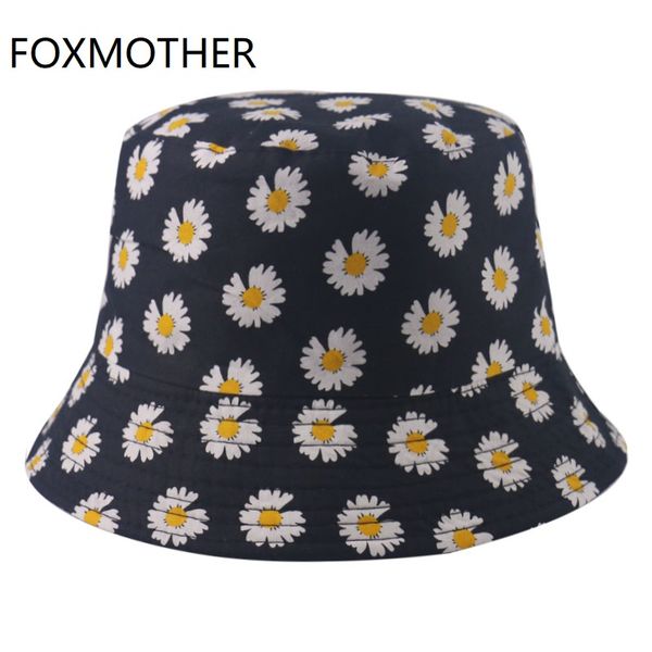 

foxmother 2020 new fashion summer reversible black floral daisy print bucket hat women gorras chapeau femme, Blue;gray