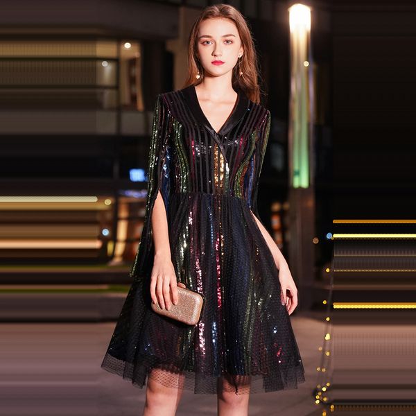 

cocktail dress v-neck three-quarter cocktail dresses 2019 new plus size sequin vestido de coctel knee-length gowns e804, White;black