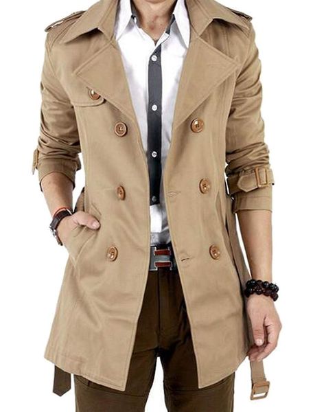 

mens casual double breasted slim belted trench coat jacket, Tan;black