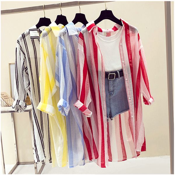 

summer blouse ladies long new striped beach kimono women summer autumn long thin sun cover up casual loose shirts cardigan female, White