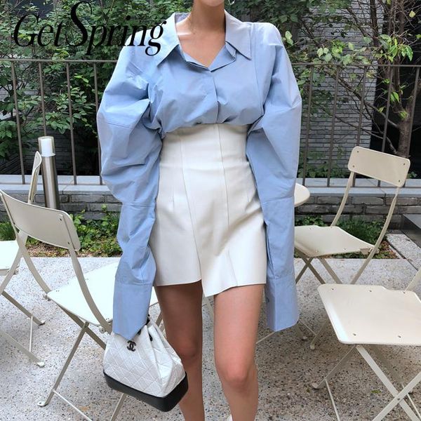 

getspring women blouse puff sleeve cotton blue women bloues asymmetry casual vintage long sleeve cotton shirts 2020 new, White