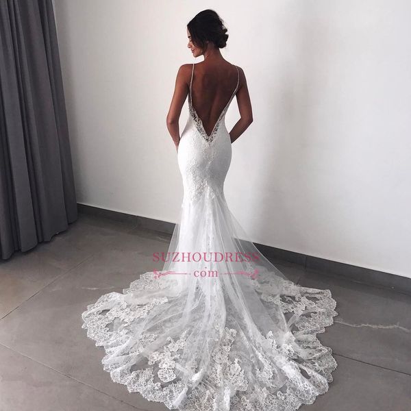 

2019 новый спагетти русалка свадебное платье сексуальная глубокий v-образным вырезом открытый bacl кружева аппликация sweep поезд пляж boho, White