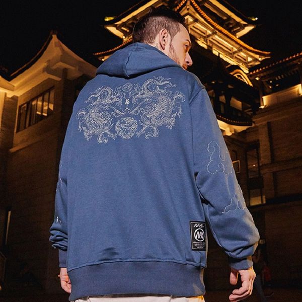 

chinese style embroidery double dragon men's hooded ins national tide hip hop street student bf loose hoodie, Black