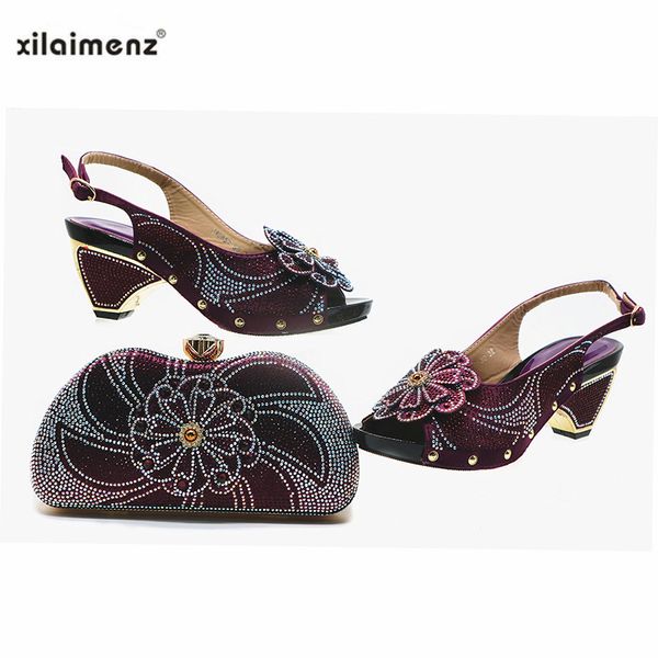 

dark purple new arrival italian sandals with matching bags nigerian women wedding shoe and bag set decorated with rhinestone, Black