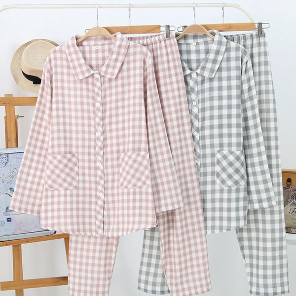 

100% crepe cotton pajamas women long sleeve 2 pcs couples set 2019 new pyjamas female sleepwear suit pijamas mujer, Blue;gray