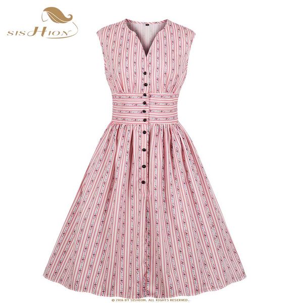 

sishion 2019 лето женщины плюс размер платье vd1080 s-4xl цветочный принт полосатый свинг урожай розовое платье, Black;gray